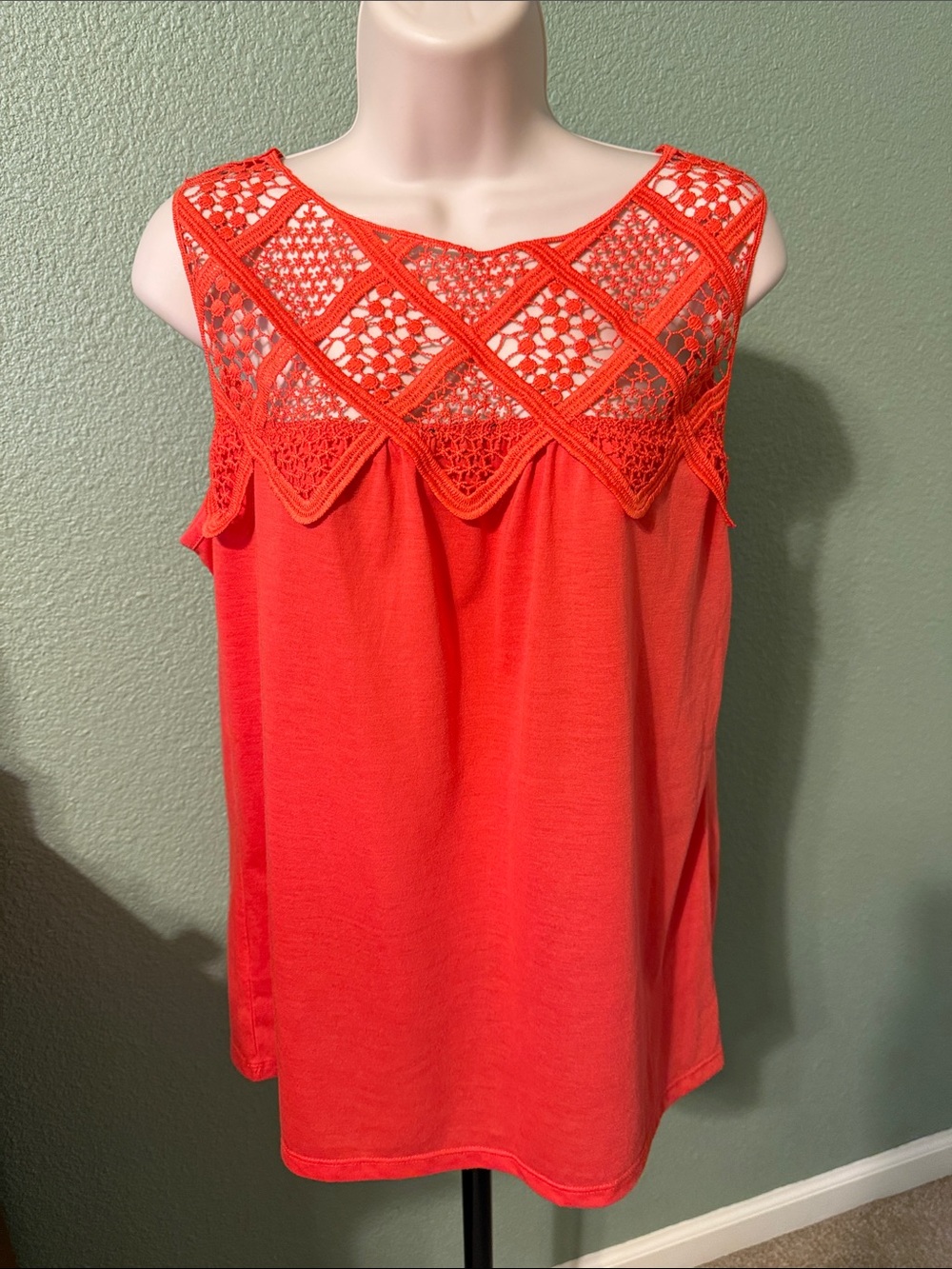 Crochet Yoke Sleeveless tank in Vibrant Orange